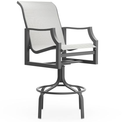 The Nico Sling Swivel Bar Stool features a black metal frame, circular footrest, and light gray mesh seat and backrest, displayed against a white background.