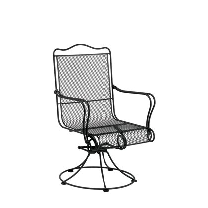 The Tucson High Back Swivel Rocking Dining Arm Chair in black metal features a mesh design, decorative curved backrest, armrests, and a circular base, making it perfect for outdoor use.
