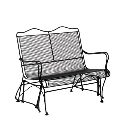 The Tucson High-Back Gliding Love Seat offers a black metal outdoor bench with a mesh seat and backrest, complete with curved armrests and a simple, sturdy design.