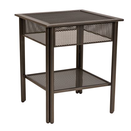 The Iron Jax End Table is a square-topped, metal mesh side table with four legs and a lower mesh shelf for extra storage. Its minimalistic industrial design makes it ideal for both indoor and outdoor use.