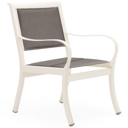 The Scala Padded Sling Dining Chair features a modern design with a white frame, dark gray padded seat and backrest, curved armrests, and is shown against a plain white background.