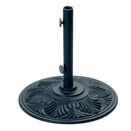 The 21 Cast Aluminum Umbrella Base is circular and flat, featuring a black metal design with an ornate floral pattern. It includes a vertical tube for the umbrella pole and an adjustable screw knob.