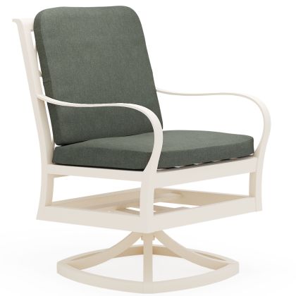 The Scala Swivel Dining Chair features a white metal frame, curved armrests, dark green seat and back cushions, a sturdy base, and a modern minimalist design.