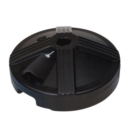 The 97209W black circular Standard Umbrella Base has a ridged surface and a central hole for the pole. A side metal screw ensures stability and security.