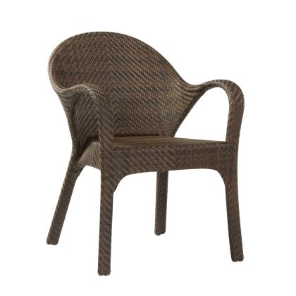 The Bali Small Dining Chair is a wicker chair with a curved back and armrests featuring a woven pattern. With four sturdy legs, it blends shades of brown and beige for a rustic yet elegant look.