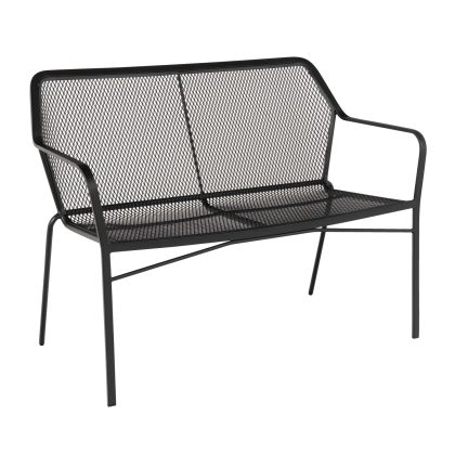 The Delmar Stacking Bench features a black metal frame with a mesh design backrest and seat, complemented by armrests and four slender legs. Its modern, minimalist style is perfect for both outdoor and indoor settings.