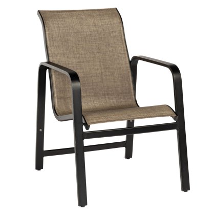 The Landings Sling Dining Armchair features a black metal frame, beige fabric seat and backrest, angled armrests, and a sleek design. Perfect for patios or gardens, its also stackable for convenience.