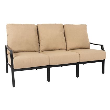 The Nico Cushion Sofa is a three-seater outdoor sofa with beige cushions and a black metal frame, featuring individual seat and back cushions for a simple, modern look perfect for patio use.