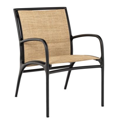 The Orion Padded Sling Dining Armchair is a modern outdoor chair featuring a black metal frame, tan woven seat and backrest, armrests, and minimalist design.