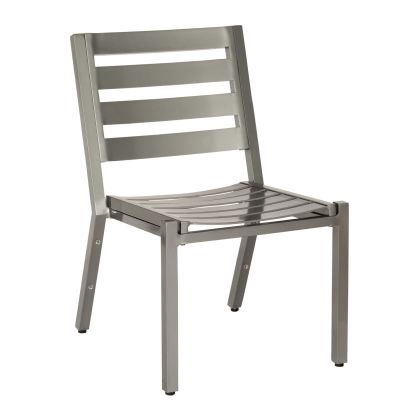 The Palm Coast Slat Dining Side Chair - Stackable features a modern, sleek metal design with horizontal slats on the backrest and seat, complemented by a minimalist silver frame and four straight legs.