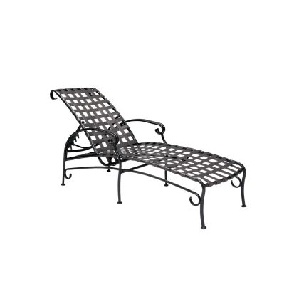 The Ramsgate Strap Adjustable Chaise Lounge is a black metal chair with a lattice design, curved armrests and legs, and a slightly reclined backrest, all set against a white background.