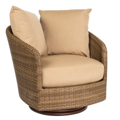 The Saddleback Swivel Bucket Lounge Chair is a wicker swivel chair with beige cushions, featuring a woven design and circular base, suitable for indoor or outdoor use.