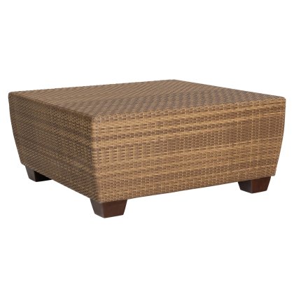 The Saddleback Square Coffee Table features a woven rattan texture on its wood surface and sides, supported by four short, dark wooden legs.