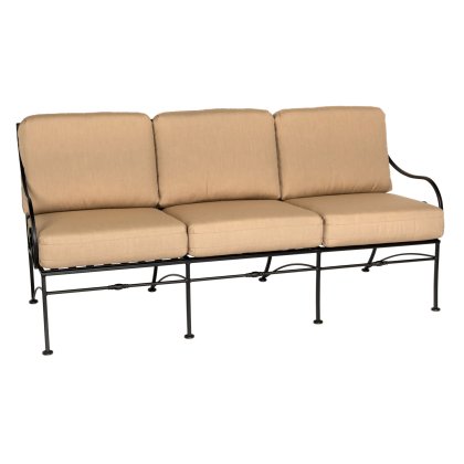 The Sheffield Sofa is a three-seater outdoor piece with a black metal frame and beige cushions, featuring simple curved armrests and a supportive backrest with uniformly upholstered cushions, ideal for patio or garden use.
