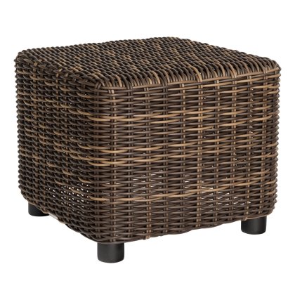 The Sonoma Square Side Table features a woven brown wicker pattern, a cube shape, and four short black cylindrical legs. Its simple, sturdy design is ideal for both indoor and outdoor use.