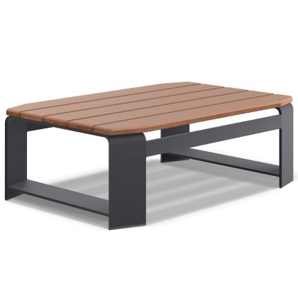 The Gather Coffee Table features a NexTeak rectangular top with wide, flat dark metal legs. Its sleek, minimalist design and warm natural wood tone make it perfect for contemporary interiors.