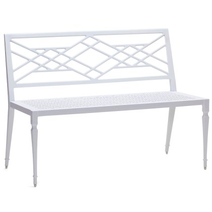 The Tuoro by Alexa Hampton is an armless white metal bench showcasing an intricate diamond lattice pattern on the backrest, a perforated seat, and slender, tapered legs.