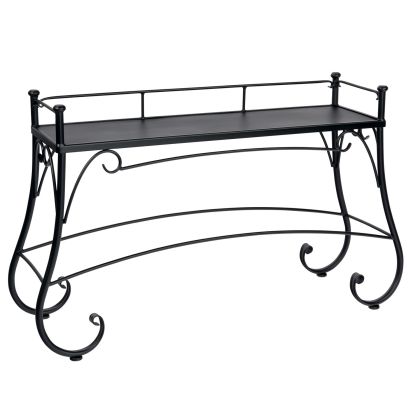 The Solid Top Console Table is a decorative black metal piece featuring a flat rectangular top with curved legs adorned with ornate scrolling details and a simple railing around the top.