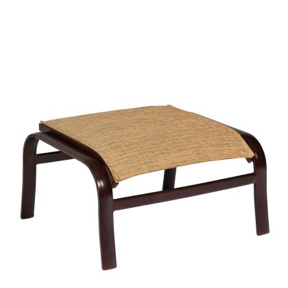 The Belden Padded Sling Ottoman features a dark brown wooden frame with a square, woven beige seat. Its simple, modern design includes arched legs and a flat top, making it ideal for seating or as a footrest.