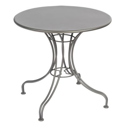 The Solid Iron Top Universal Round Bistro Table is a silver-colored metal table featuring a smooth, flat top and an ornate, curving base design for a modern, industrial look.