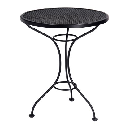 The Iron Round Bistro Table features a simple, elegant design with black metal construction, a mesh top, and sturdy curved legs, perfect for both outdoor and indoor settings.