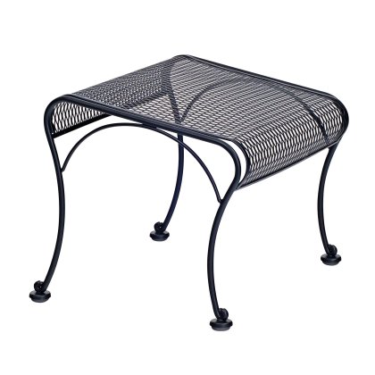 The Briarwood Ottoman is a black metal wire patio stool featuring a mesh seat and four curved legs. With its simple, modern design, the stool has a slightly arched seat and sturdy construction.
