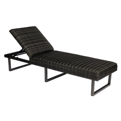 The Harper Adjustable Chaise Lounge is a wicker reclining outdoor chair featuring a dark woven design, adjustable backrest, and sleek metal frame with rectangular legs.