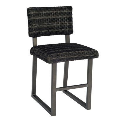 The Harper Counter Stool features a woven black rattan backrest and seat, supported by a sleek gray metal frame, combining texture with industrial elements for a contemporary look.