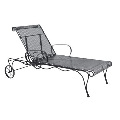 The Tucson Adjustable Chaise Lounge is a black metal mesh lounger with an adjustable backrest, two wheels, curved armrests, and ornate scrolling details on the frame.