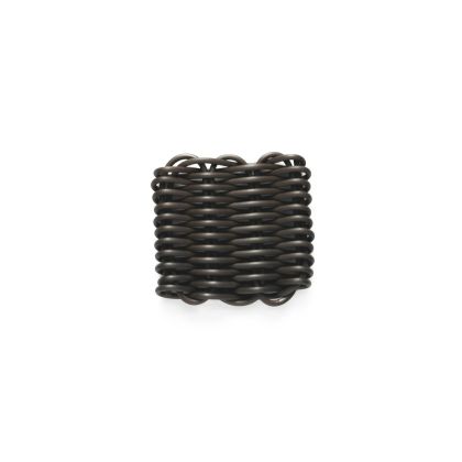 A Chocolate hair tie in dark brown sits on a plain white background, featuring a coiled, cylindrical design with a spring-like appearance made from smooth, flexible material.