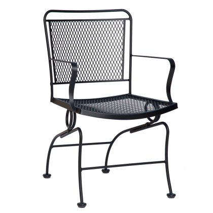 The Constantine Coil Spring Dining Chair is a black metal patio chair featuring a mesh backrest and seat, curved armrests, and sturdy, slightly curved legs with circular feet.