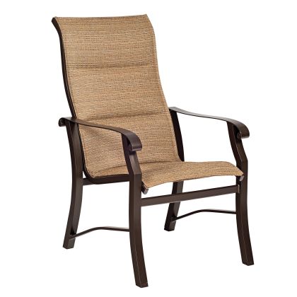 The Cortland Padded Sling High-Back Dining Armchair is a brown outdoor patio chair featuring a mesh seat and backrest, supported by a black metal frame with curved armrests and legs for a sleek, contemporary design.