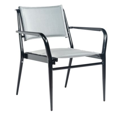 The Daytona Padded Sling Dining Armchair features a black metal frame with a light gray fabric seat and backrest. It includes armrests and boasts a sleek, minimalist design. This modern chair is also stackable for convenience.
