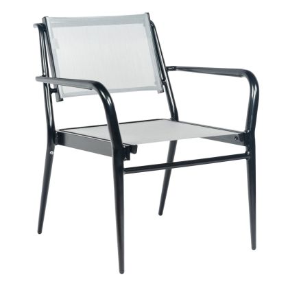 The Daytona Sling Dining Armchair is a modern chair featuring a sleek black metal frame and thin gray mesh seat and backrest. It has straight legs, armrests, and a minimalist design, perfect for indoor or outdoor use. Plus, its stackable for easy storage.