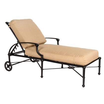 The Delphi Adjustable Chaise Lounge features a cushioned beige seat atop a sleek black metal frame with convenient wheels for outdoor relaxation.