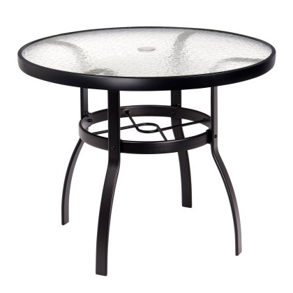 The Deluxe Acrylic Top Round Dining Umbrella Table features a textured acrylic surface, a black metal frame with four curved legs, and a circular support bar. A central hole accommodates an umbrella.