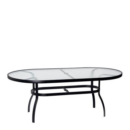 The Deluxe Obscure Glass Oval Dining Umbrella Table features a textured glass surface with a black metal frame and central support bar, ideal for outdoor use.