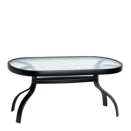 The Deluxe Obscure Glass Oval Coffee Table features a black metal frame and four curved legs.