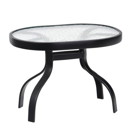Deluxe Obscure Glass Rectangular Side Table features an oval glass top with a textured pattern, supported by a black metal frame and four curved legs, ideal for patio or garden use.