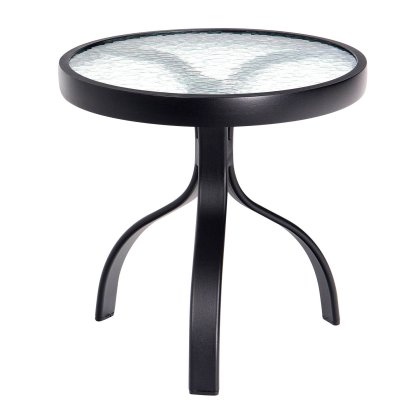 The Deluxe Obscure Glass Round Side Table features a textured glass top, a black metal frame, and three elegantly curved legs.
