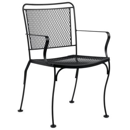 The Constantine Dining Armchair features a sleek, modern black metal design with mesh on the seat and backrest. It includes curved armrests and legs for added style and is stackable for easy storage.