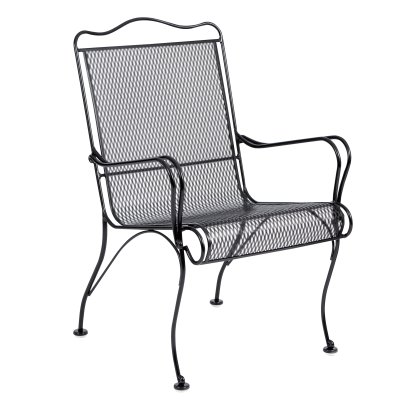 The Tucson High-Back Dining Armchair is a black metal patio chair with a mesh design, high back, and curved armrests. It has four angled legs with circular feet, providing sturdy and stylish outdoor seating.