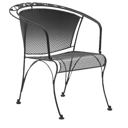 The Briarwood Barrel Dining Chair is a black wrought iron chair featuring a mesh design on the seat and backrest, curved armrests, and slender legs with circular supports.