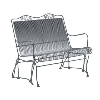 The Briarwood High-Back Gliding Love Seat features a decorative backrest and mesh seat design. Its equipped with armrests, painted in dark gray, and boasts a sturdy structure ideal for garden or patio use.