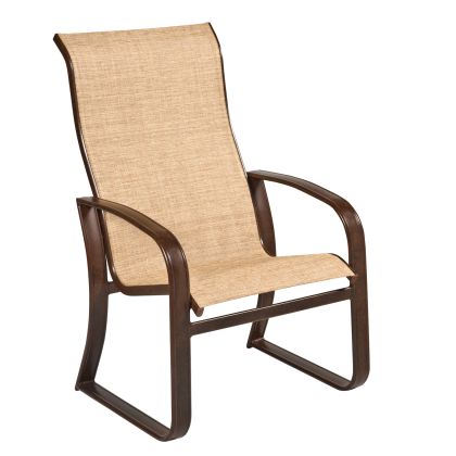 The Cayman Isle Sling High-Back Dining Armchair features a modern and minimalist design, showcasing a beige and brown color scheme with a sleek metal frame, gently curved armrests, and a mesh fabric seat, perfect for both outdoor and indoor seating.