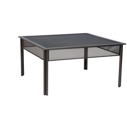 The Iron Jax Square Coffee Table is a modern, minimalist metal table designed for outdoor use. It features a grid-like mesh top and sides with four sleek legs.