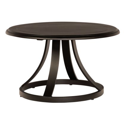 The Solid Cast Mainstreet Round Coffee Table is a black metal table with a smooth top and a sturdy base, featuring four curved legs connecting to a circular support at the bottom.