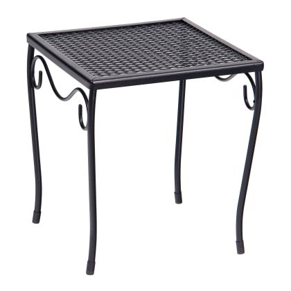 An Iron Small Square Side Table with a black metal mesh top and decorative curved legs.