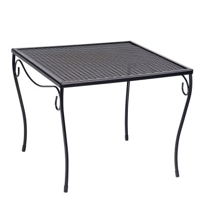 The Iron Large Square Side Table features a lattice-patterned metal top, decorative curved legs, and a black finish, perfect for outdoor use.