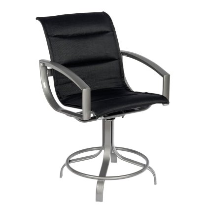 The Metropolis Padded Sling Swivel Counter Stool features a black mesh design with a metal frame and armrests, supported by a circular base for a modern and sturdy look.